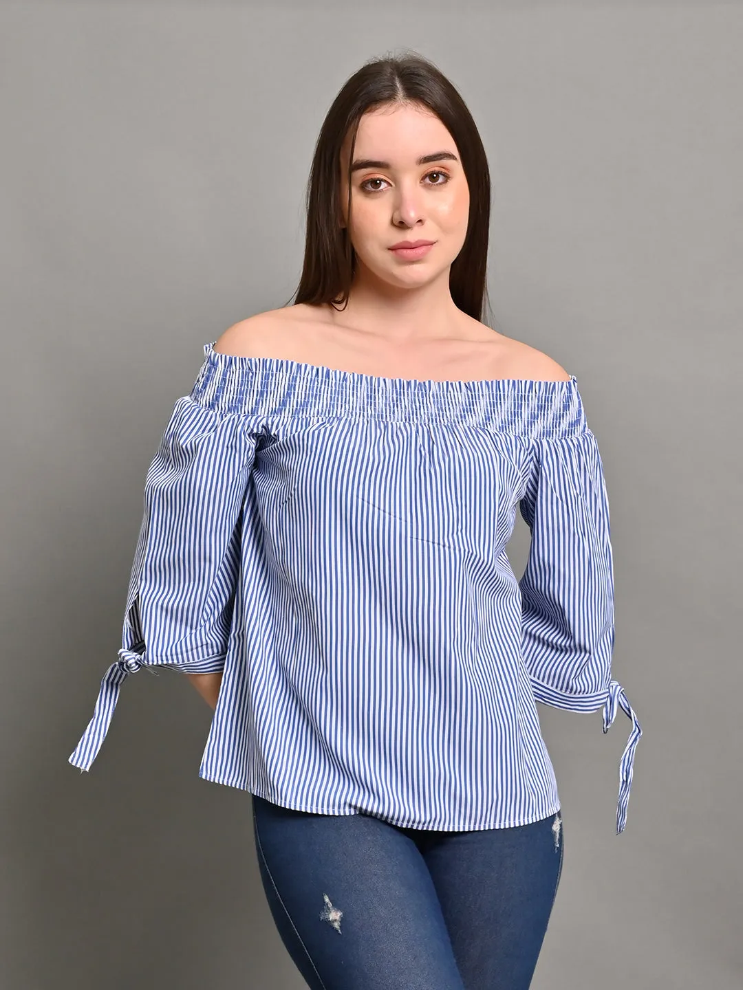 Women Light Blue Off Shoulder Top