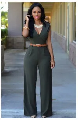 Women sashes high waist v-neck loose wide leg pants summer jumpsuit Casual Rompers overalls for female women jumpsuits women