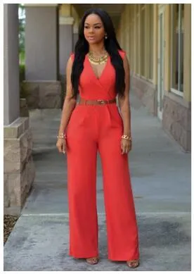 Women sashes high waist v-neck loose wide leg pants summer jumpsuit Casual Rompers overalls for female women jumpsuits women