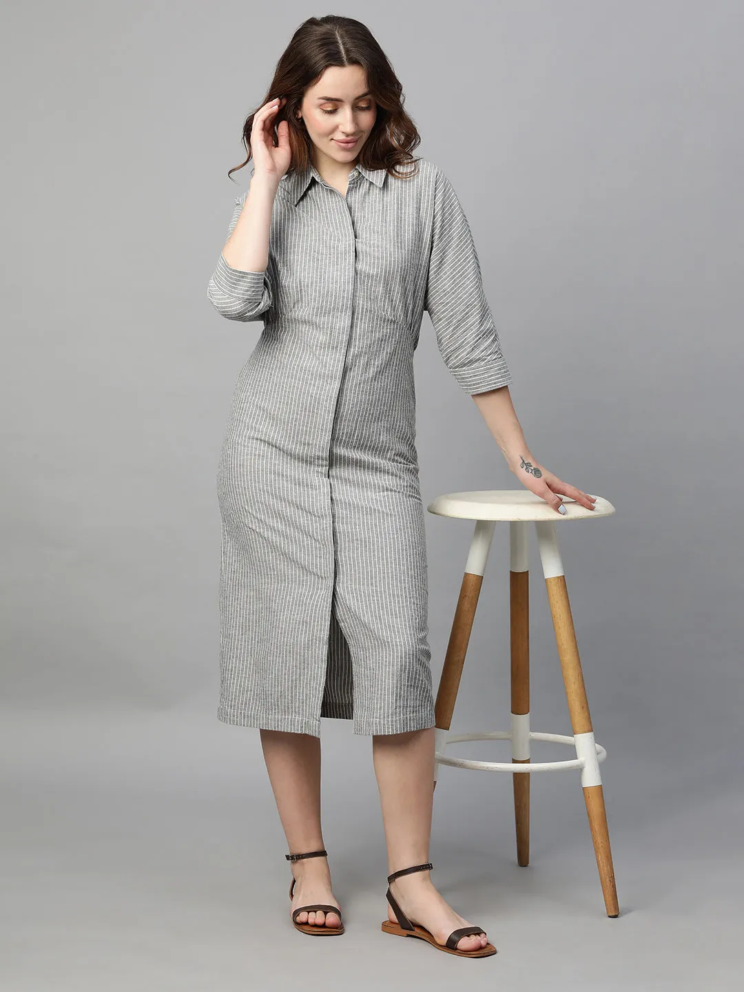 Women's Grey Cotton Linen Regular Fit Dress