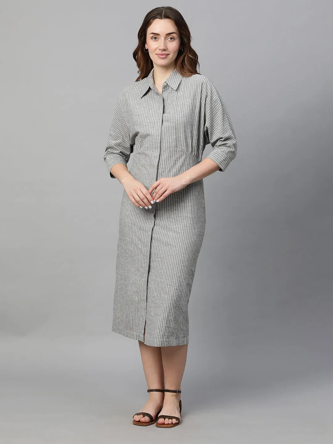 Women's Grey Cotton Linen Regular Fit Dress