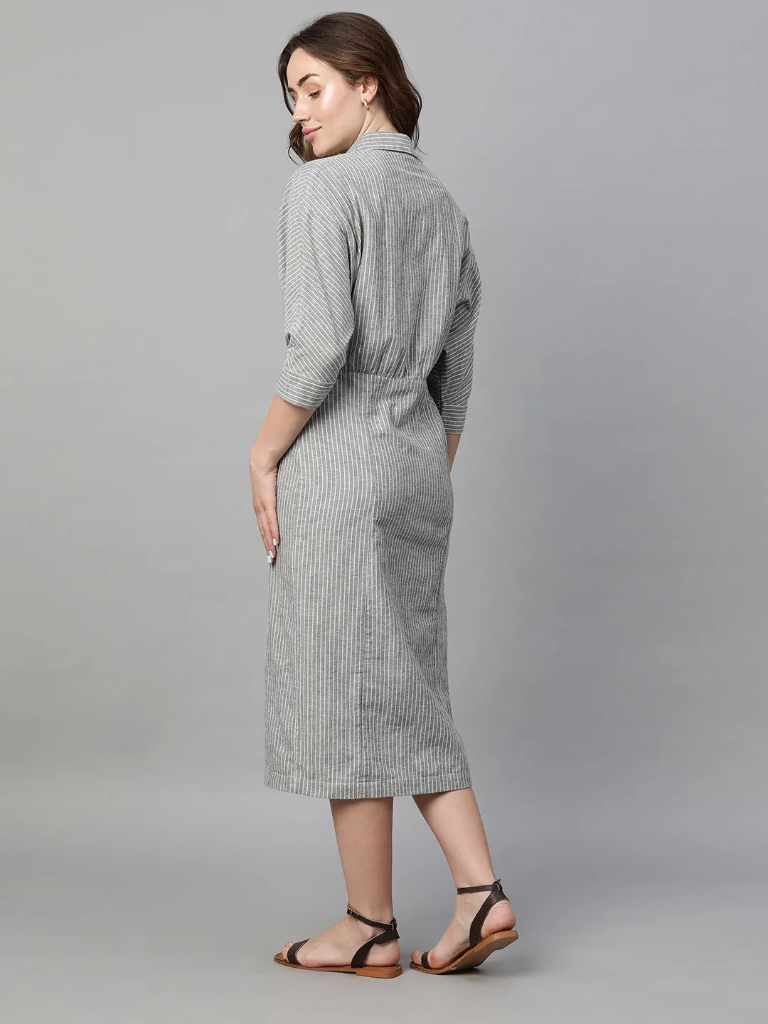 Women's Grey Cotton Linen Regular Fit Dress