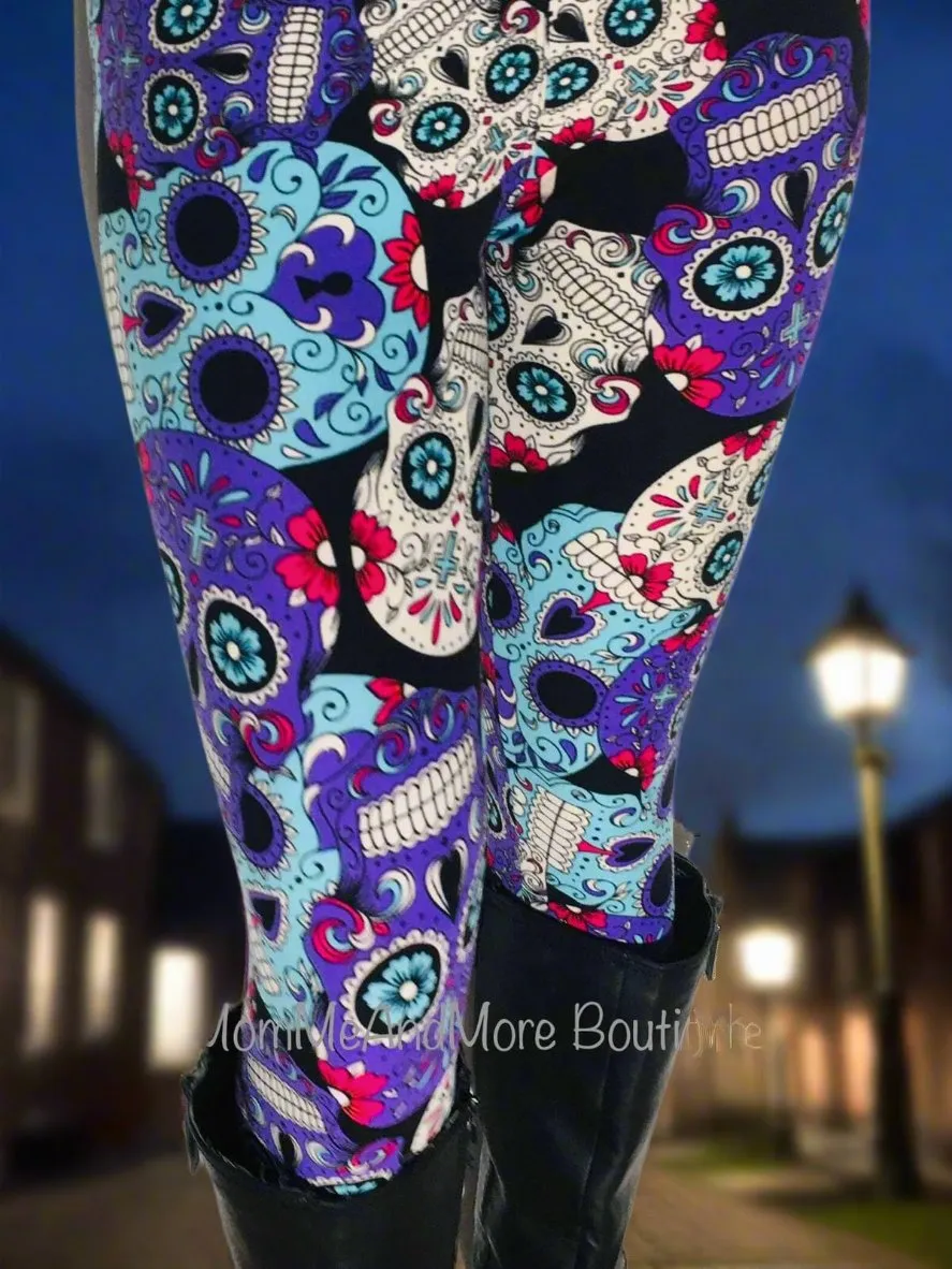 Womens Halloween Skull Leggings, Soft Yoga Pants, Size 0-20, Yoga Waist, Purple.Blue