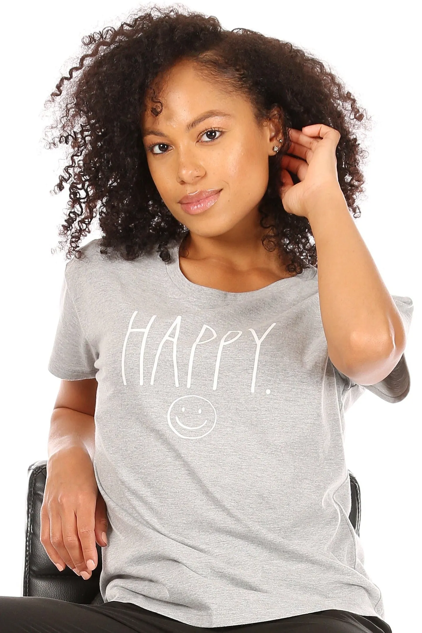 Women's "HAPPY" Short Sleeve Shirttail Hem T-Shirt