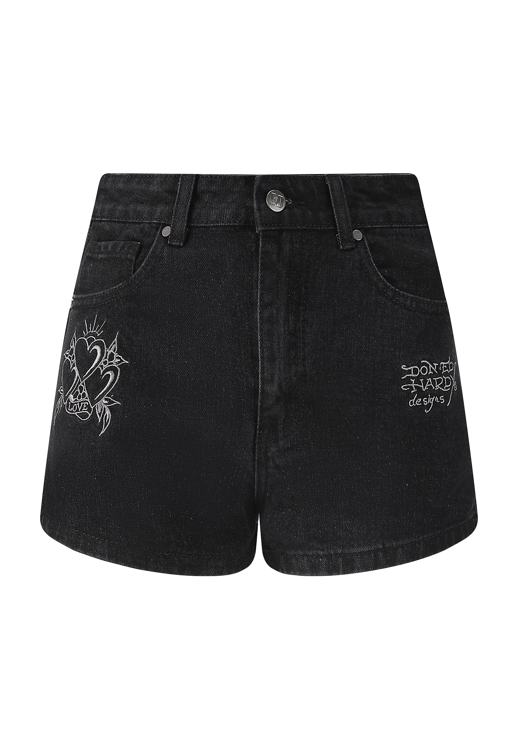 Womens Triple Heart Denim Jorts Shorts - Black