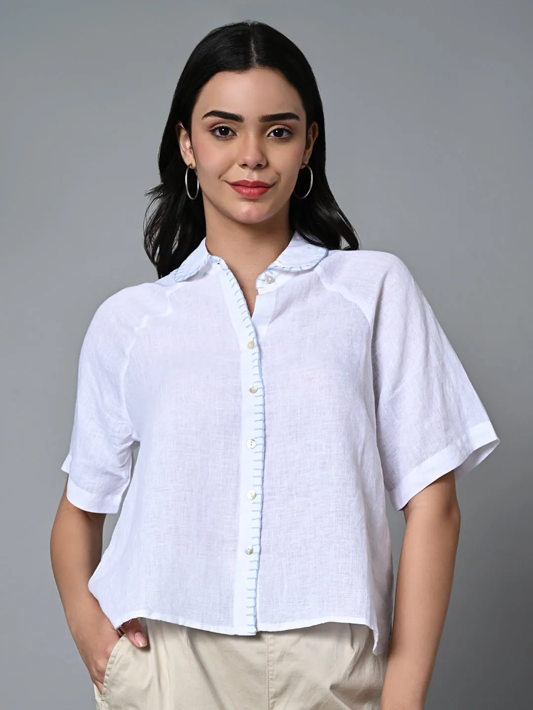 Women's White Linen Excel Regular Fit Blouse