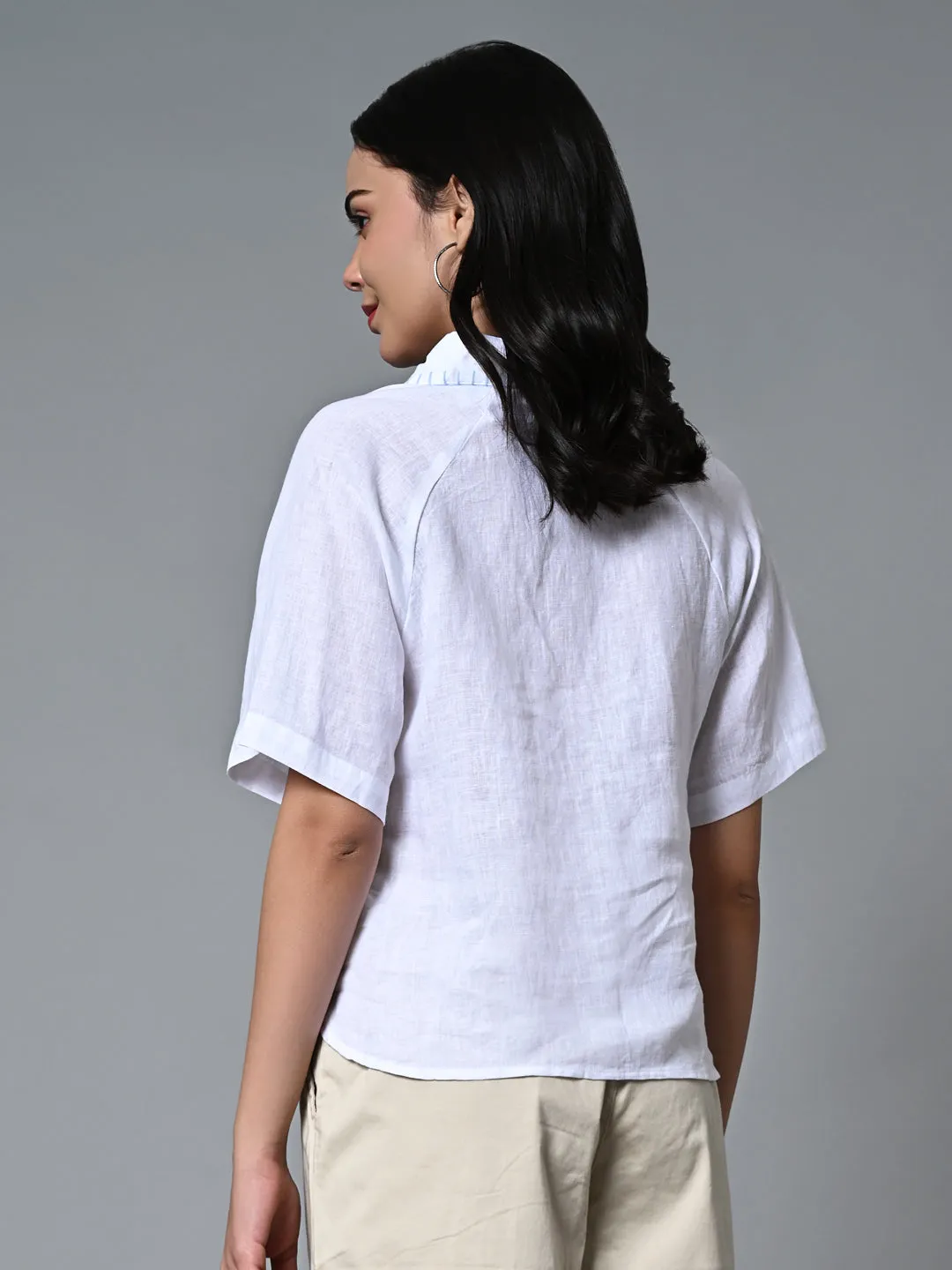 Women's White Linen Excel Regular Fit Blouse