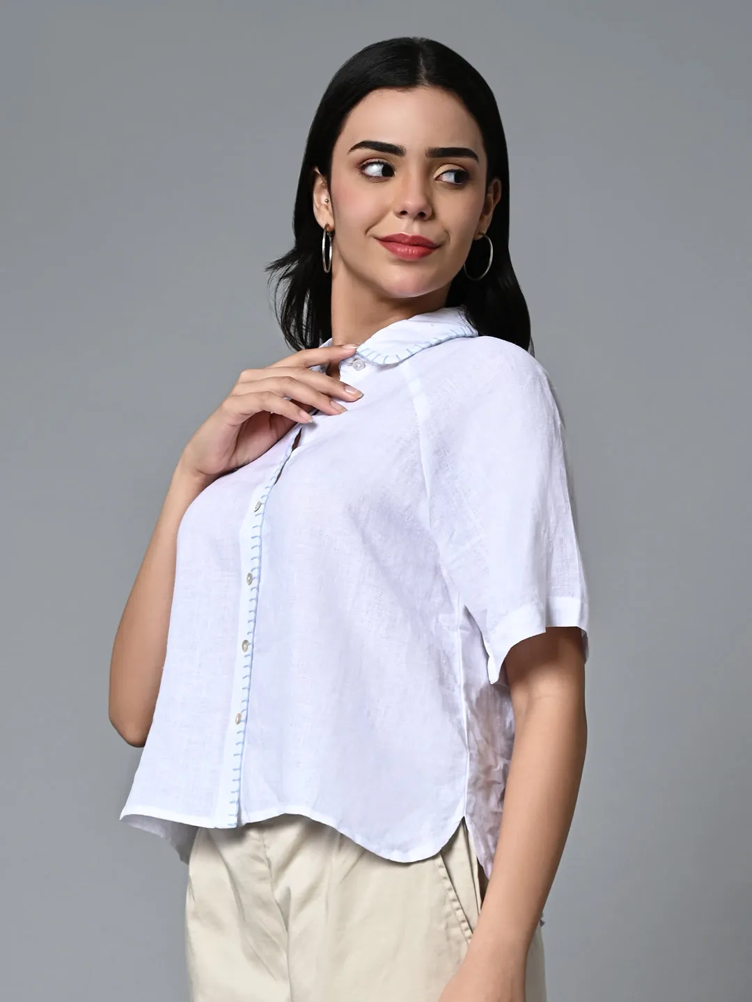 Women's White Linen Excel Regular Fit Blouse