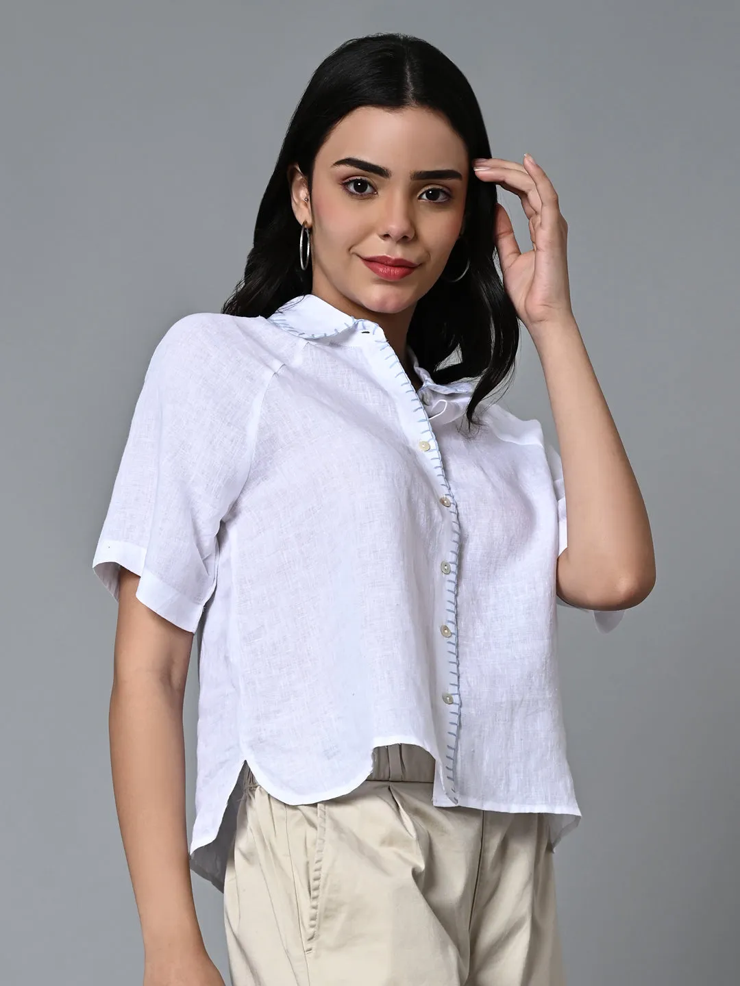 Women's White Linen Excel Regular Fit Blouse